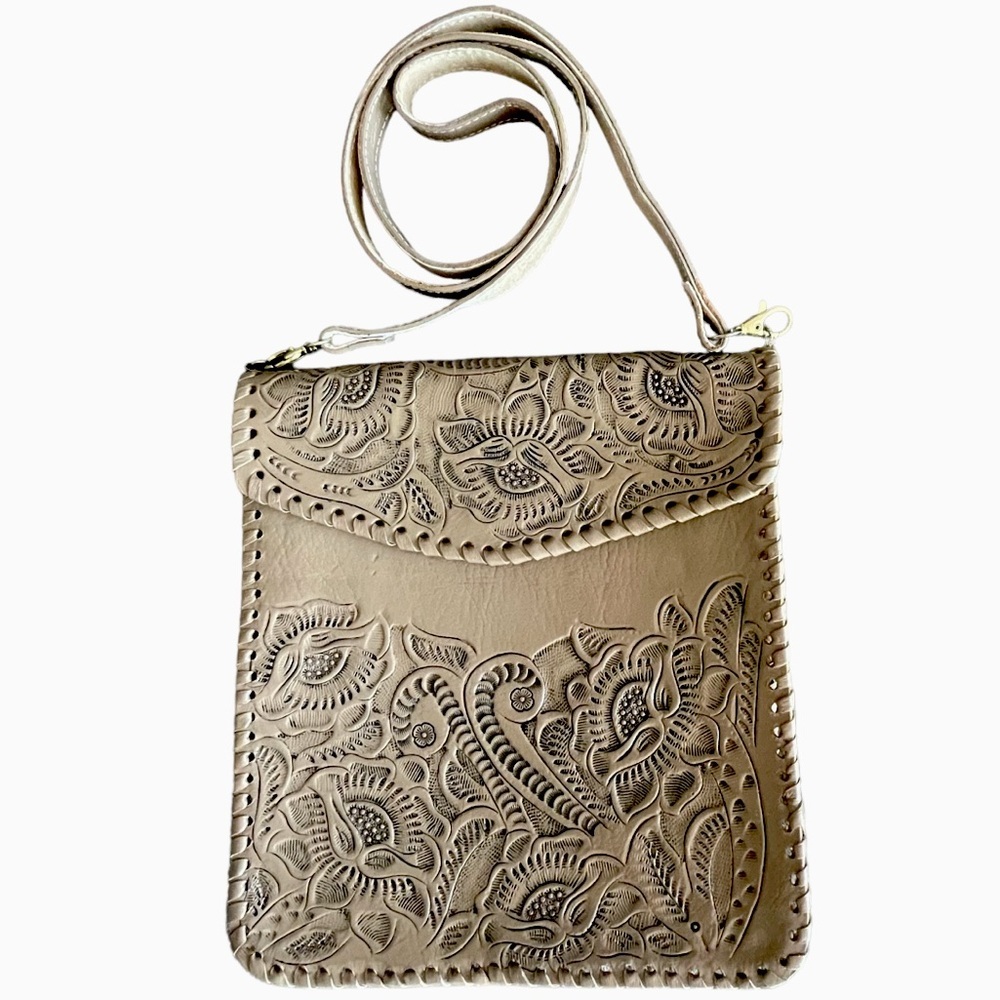 Western Shoulder Bag Crossbody Purse Tan Hand Tooled Leather Floral Embossed GUC
